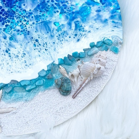 Resin Art Textured Ocean Coastal Wall Hanging Decor Beach Theme Round - Picture 3 of 6